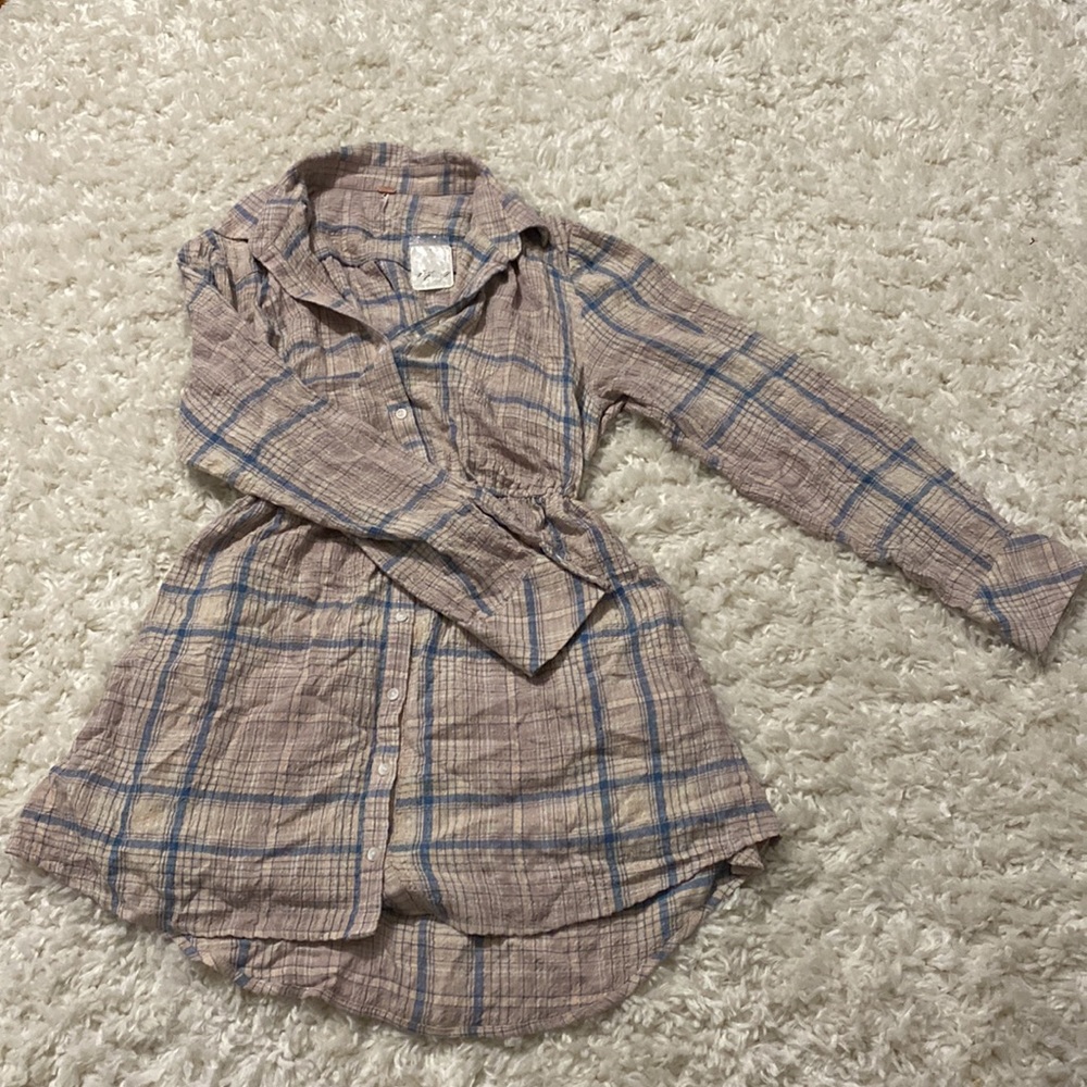Free People Cream Plaid Long Sleeve Mini Dress - Picture 4 of 6